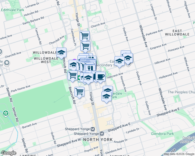 map of restaurants, bars, coffee shops, grocery stores, and more near 18 Hillcrest Avenue in Toronto