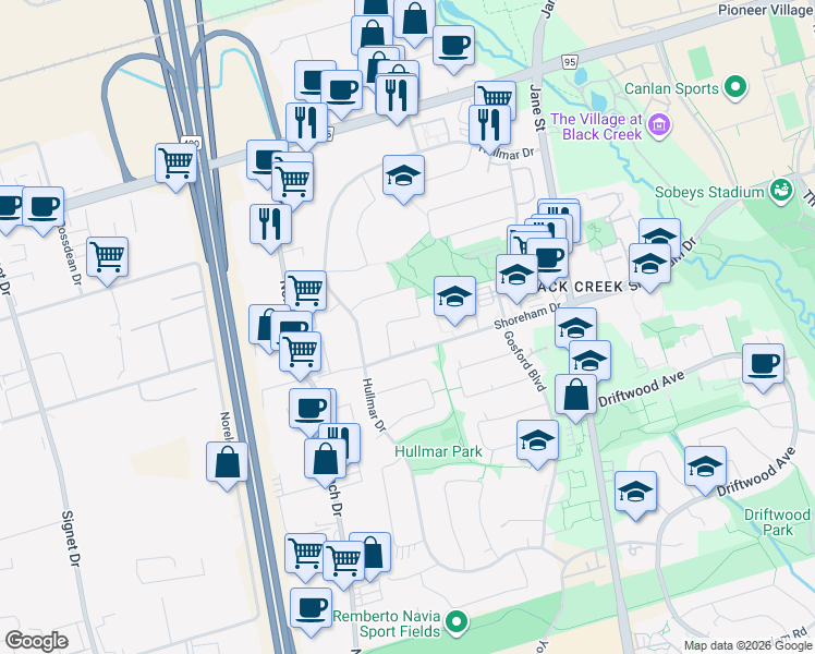 map of restaurants, bars, coffee shops, grocery stores, and more near 35 Bamford Crescent in Toronto