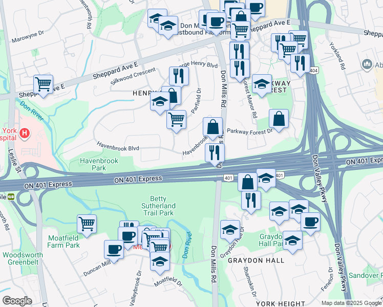 map of restaurants, bars, coffee shops, grocery stores, and more near 67 Havenbrook Boulevard in Toronto
