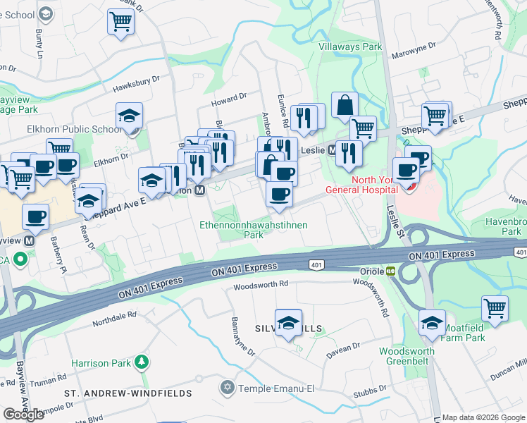 map of restaurants, bars, coffee shops, grocery stores, and more near 68 Esther Shiner Boulevard in Toronto