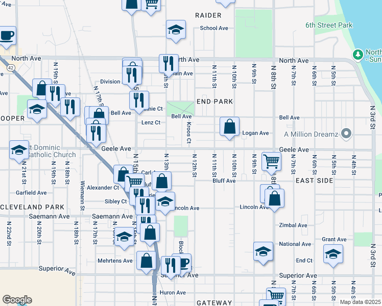 map of restaurants, bars, coffee shops, grocery stores, and more near in Sheboygan
