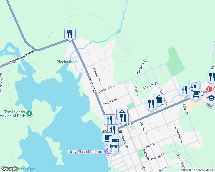 map of restaurants, bars, coffee shops, grocery stores, and more near 36 Transvaal Street in Shelburne