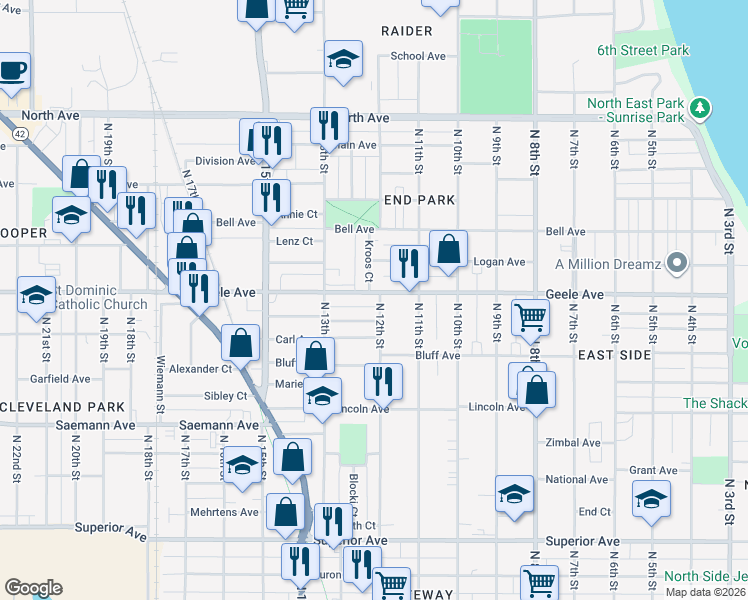 map of restaurants, bars, coffee shops, grocery stores, and more near 2122 North 12th Street in Sheboygan