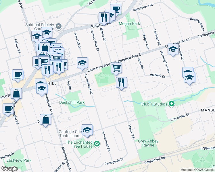 map of restaurants, bars, coffee shops, grocery stores, and more near 292 Manse Road in Toronto
