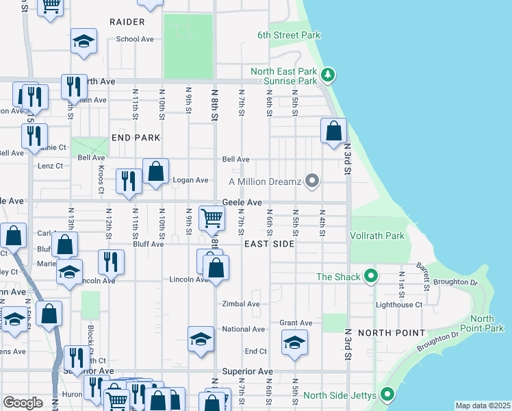 map of restaurants, bars, coffee shops, grocery stores, and more near 636 Geele Avenue in Sheboygan