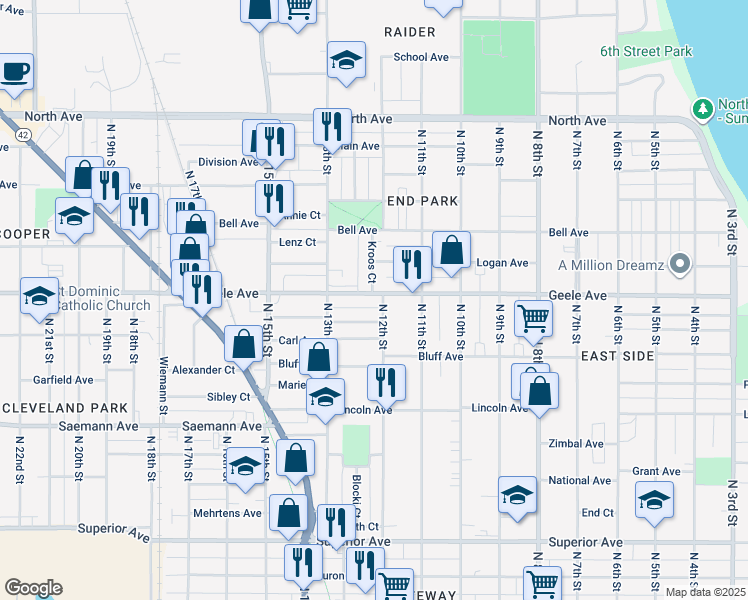 map of restaurants, bars, coffee shops, grocery stores, and more near in Sheboygan