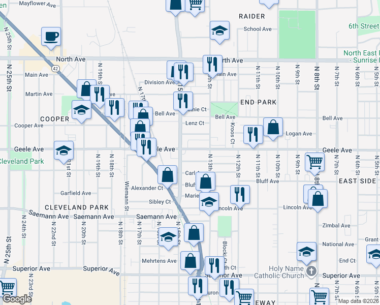 map of restaurants, bars, coffee shops, grocery stores, and more near 1342 Geele Avenue in Sheboygan