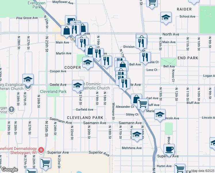 map of restaurants, bars, coffee shops, grocery stores, and more near 2205 Kohls Court in Sheboygan