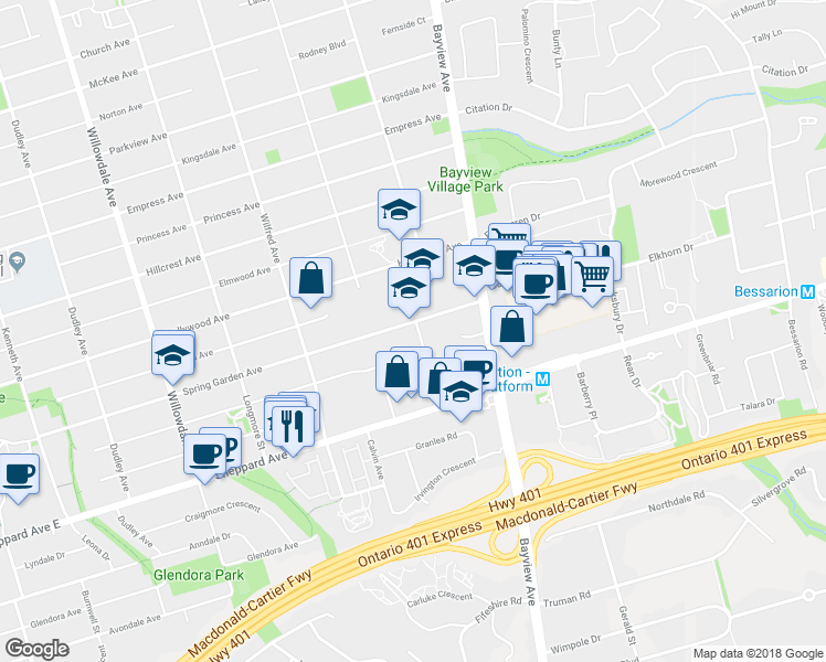 map of restaurants, bars, coffee shops, grocery stores, and more near 50 Clairtrell Road in Toronto