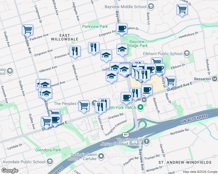 map of restaurants, bars, coffee shops, grocery stores, and more near 365 Spring Garden Avenue in Toronto