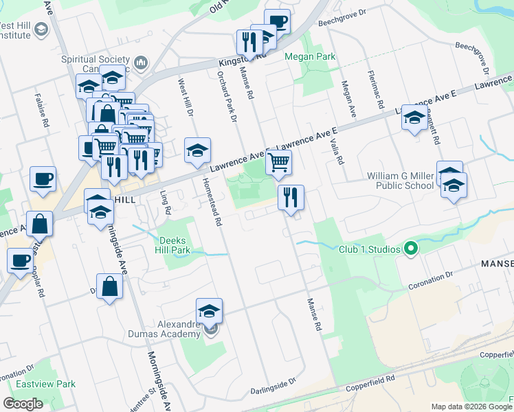 map of restaurants, bars, coffee shops, grocery stores, and more near 292 Manse Road in Toronto