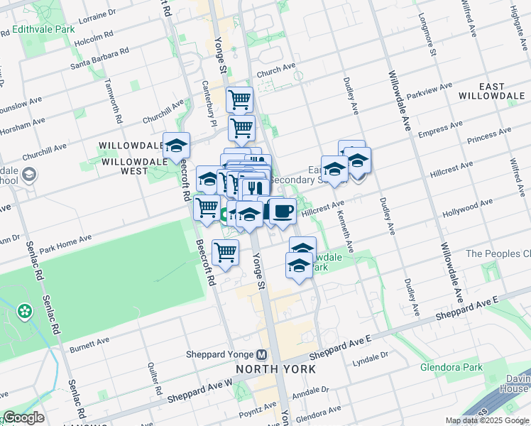 map of restaurants, bars, coffee shops, grocery stores, and more near 8 Hillcrest Avenue in Toronto