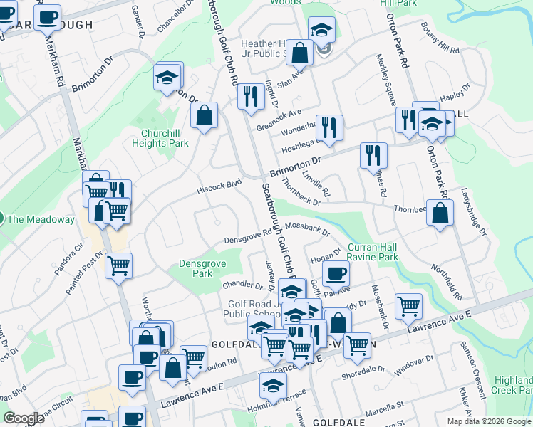 map of restaurants, bars, coffee shops, grocery stores, and more near in Toronto