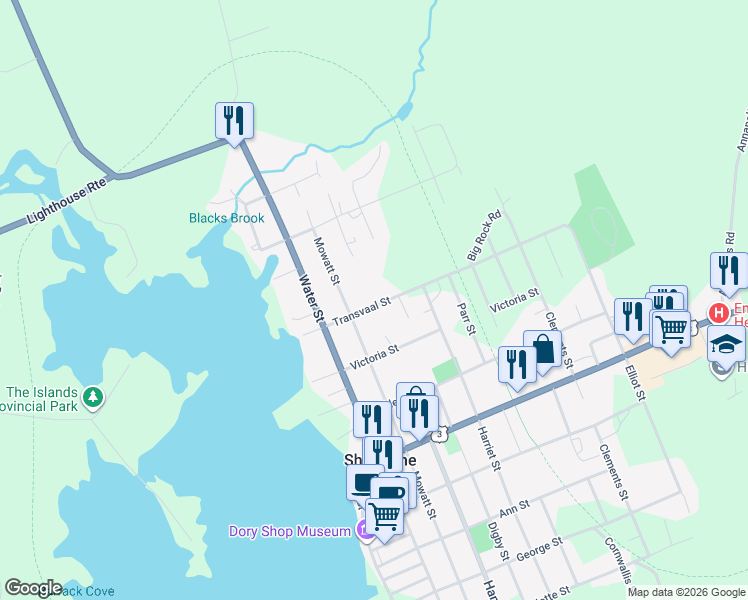map of restaurants, bars, coffee shops, grocery stores, and more near 36 Transvaal Street in Shelburne