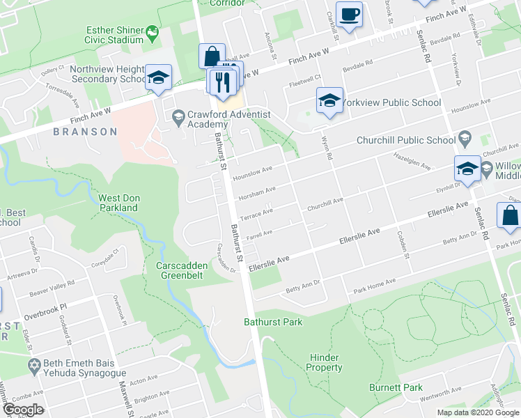 map of restaurants, bars, coffee shops, grocery stores, and more near 30 Terrace Avenue in Toronto