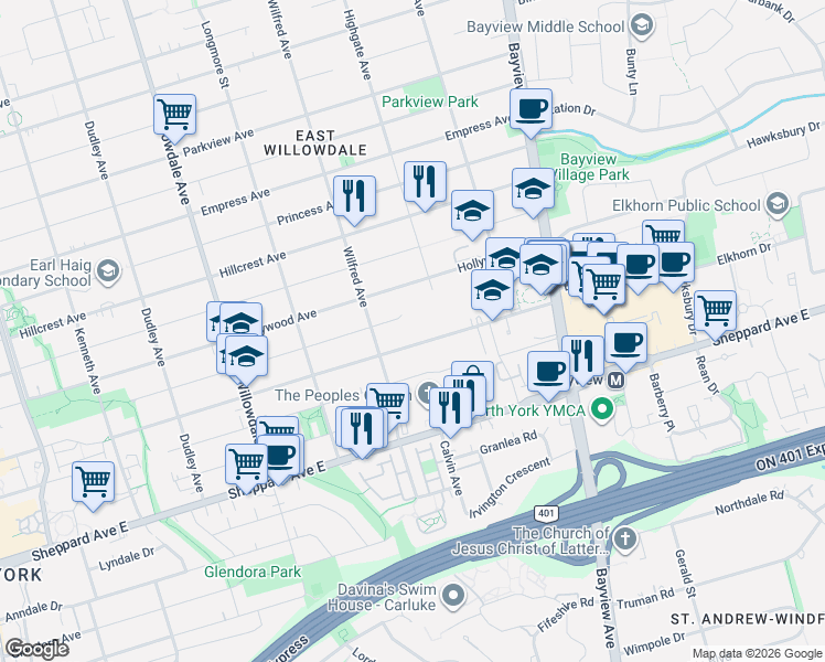 map of restaurants, bars, coffee shops, grocery stores, and more near 344 Spring Garden Avenue in Toronto