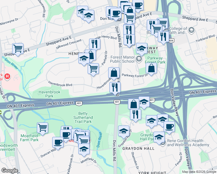 map of restaurants, bars, coffee shops, grocery stores, and more near 75 Havenbrook Boulevard in Toronto