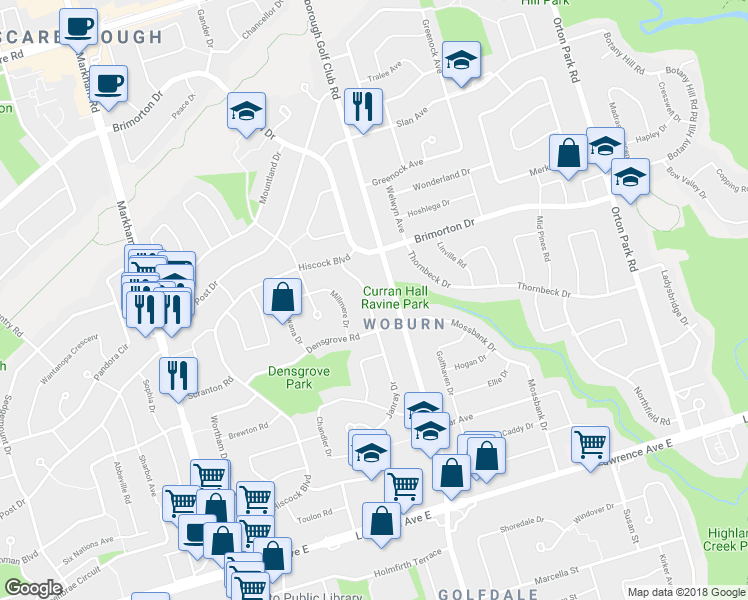 map of restaurants, bars, coffee shops, grocery stores, and more near 121 Janray Drive in Toronto
