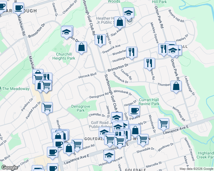 map of restaurants, bars, coffee shops, grocery stores, and more near 814 Scarborough Golf Club Road in Toronto