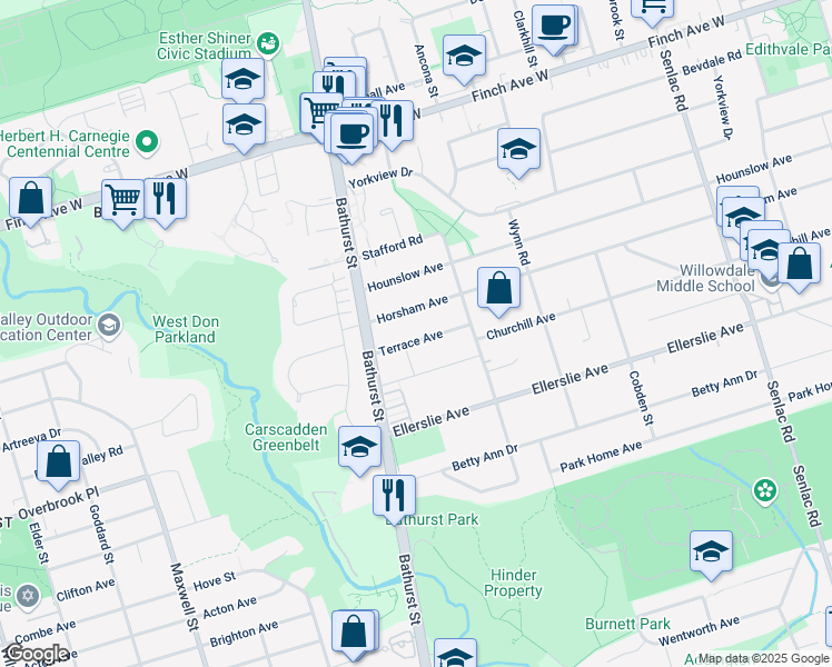 map of restaurants, bars, coffee shops, grocery stores, and more near 30 Terrace Avenue in Toronto