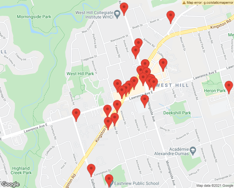 map of restaurants, bars, coffee shops, grocery stores, and more near 4410 Kingston Road in Toronto