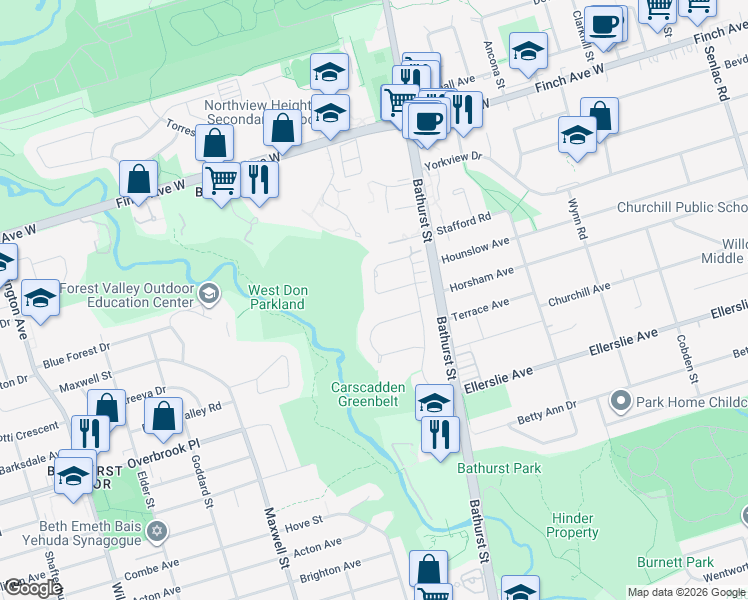 map of restaurants, bars, coffee shops, grocery stores, and more near 17 Denmark Crescent in Toronto