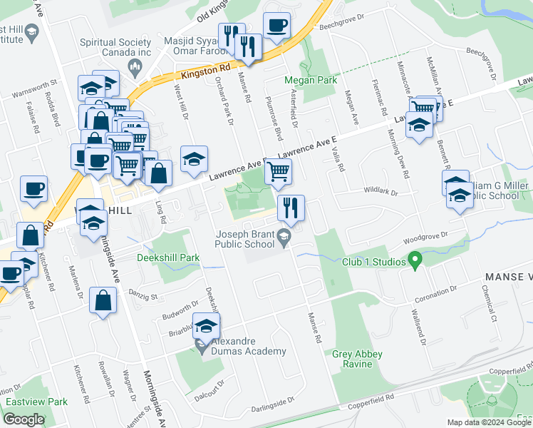 map of restaurants, bars, coffee shops, grocery stores, and more near 25 Heron Park Place in Toronto
