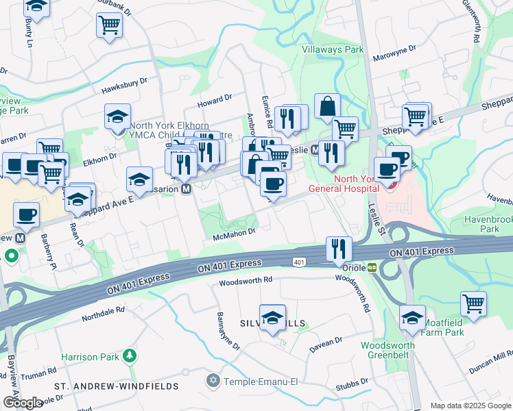 map of restaurants, bars, coffee shops, grocery stores, and more near 19925 Provost Drive in Toronto