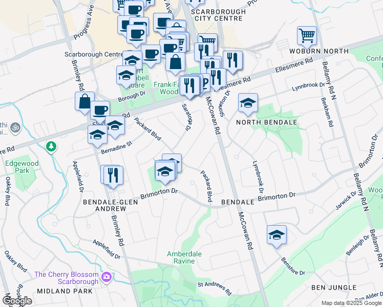 map of restaurants, bars, coffee shops, grocery stores, and more near 9 Stanwell Drive in Toronto