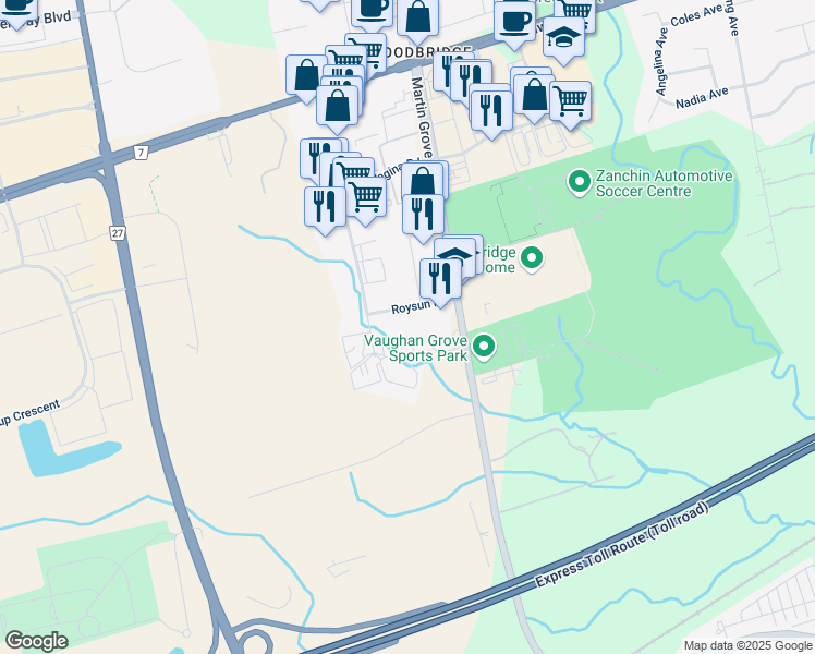 map of restaurants, bars, coffee shops, grocery stores, and more near 51 Roysun Road in Vaughan