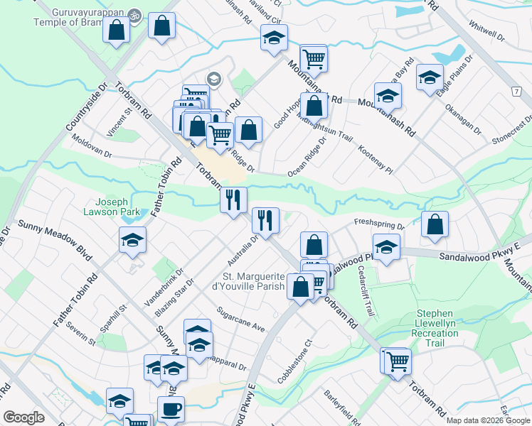 map of restaurants, bars, coffee shops, grocery stores, and more near 130 Rockgarden Trail in Brampton