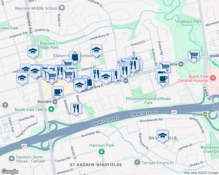 map of restaurants, bars, coffee shops, grocery stores, and more near in Toronto