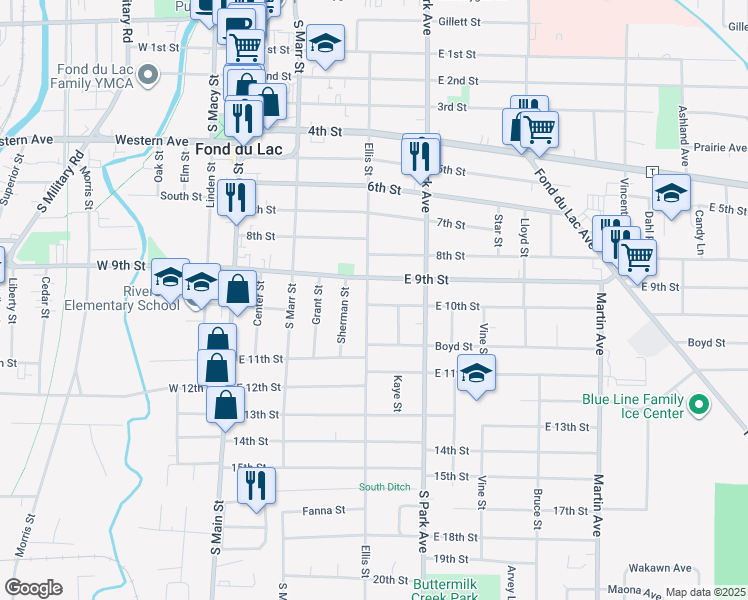 map of restaurants, bars, coffee shops, grocery stores, and more near 377 Ellis Street in Fond du Lac