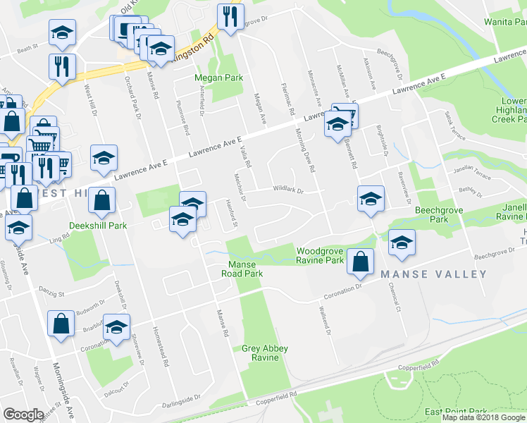 map of restaurants, bars, coffee shops, grocery stores, and more near 36 Melchior Drive in Toronto