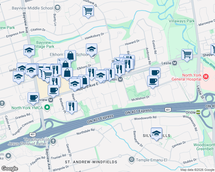 map of restaurants, bars, coffee shops, grocery stores, and more near in Toronto