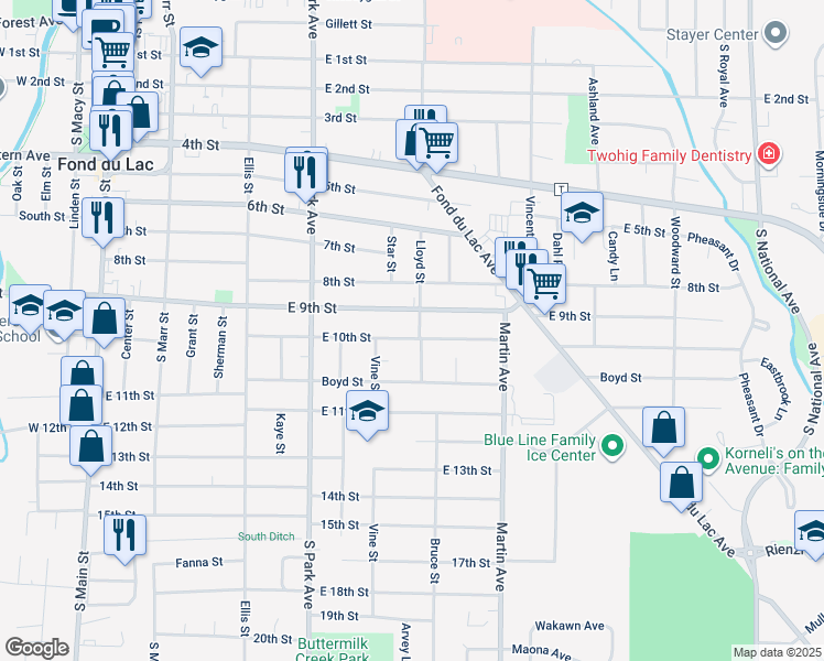 map of restaurants, bars, coffee shops, grocery stores, and more near 297 East 10th Street in Fond du Lac
