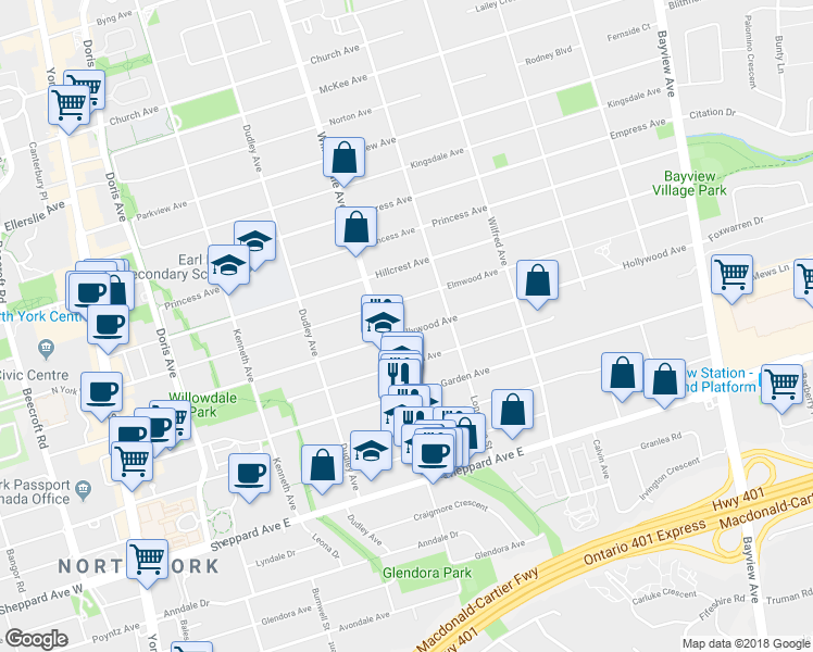 map of restaurants, bars, coffee shops, grocery stores, and more near 212 Hollywood Avenue in Toronto