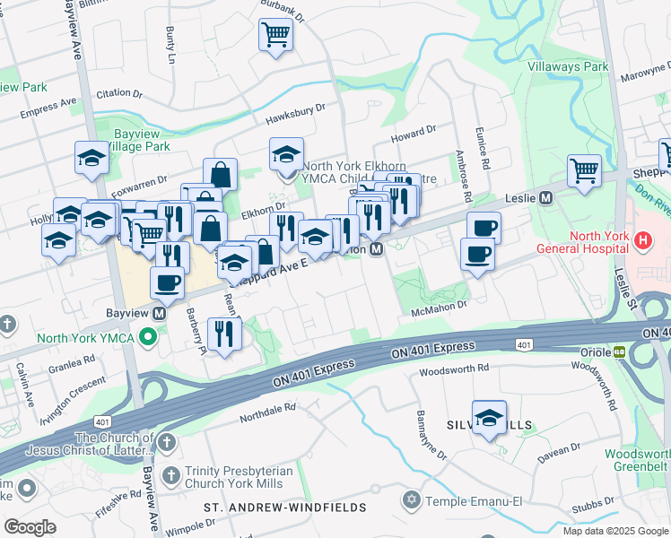 map of restaurants, bars, coffee shops, grocery stores, and more near 699 Sheppard Avenue East in Toronto