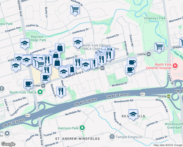 map of restaurants, bars, coffee shops, grocery stores, and more near in Toronto