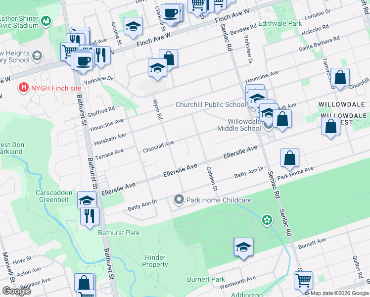 map of restaurants, bars, coffee shops, grocery stores, and more near in Toronto