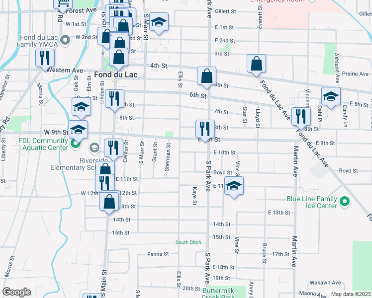 map of restaurants, bars, coffee shops, grocery stores, and more near 377 Ellis Street in Fond du Lac