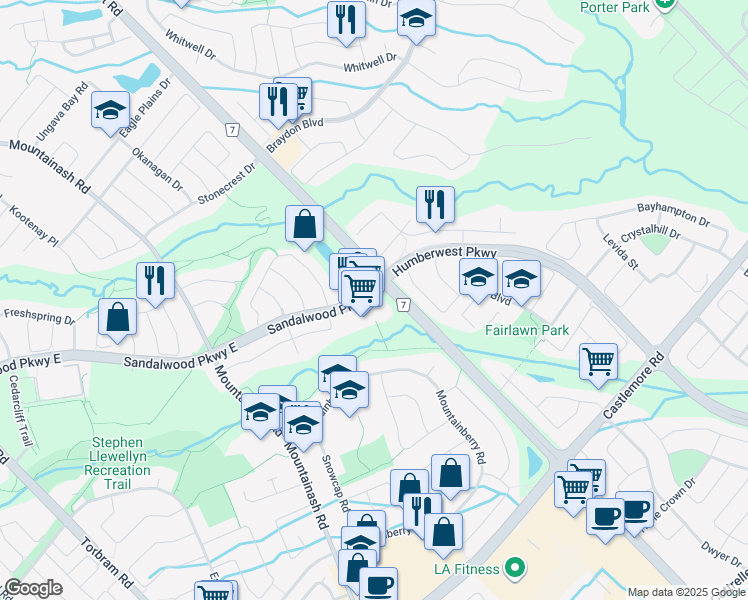 map of restaurants, bars, coffee shops, grocery stores, and more near 2985 Sandalwood Parkway East in Brampton