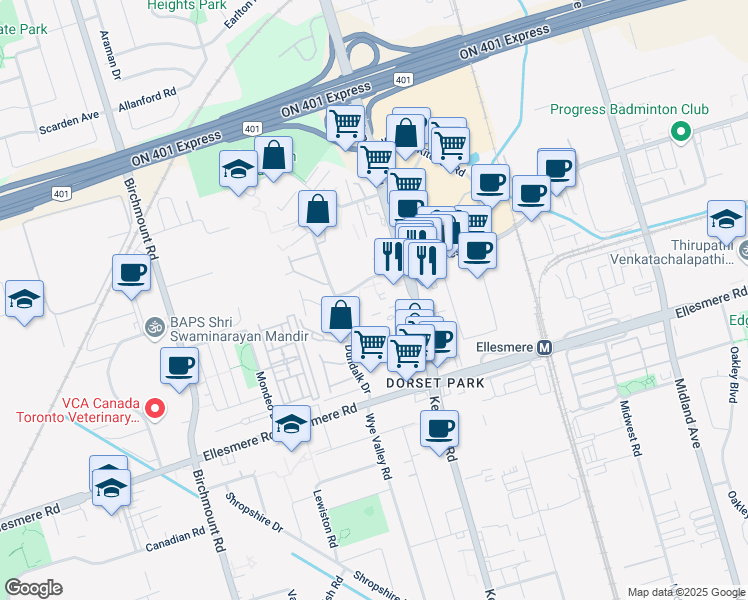 map of restaurants, bars, coffee shops, grocery stores, and more near 5 Glamorgan Avenue in Toronto