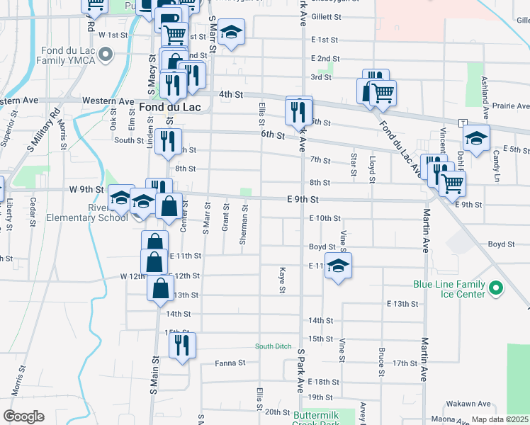 map of restaurants, bars, coffee shops, grocery stores, and more near 377 Ellis Street in Fond du Lac