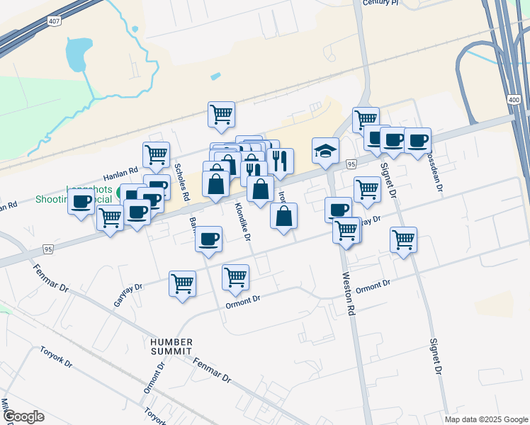 map of restaurants, bars, coffee shops, grocery stores, and more near 5145 Steeles Avenue West in Toronto