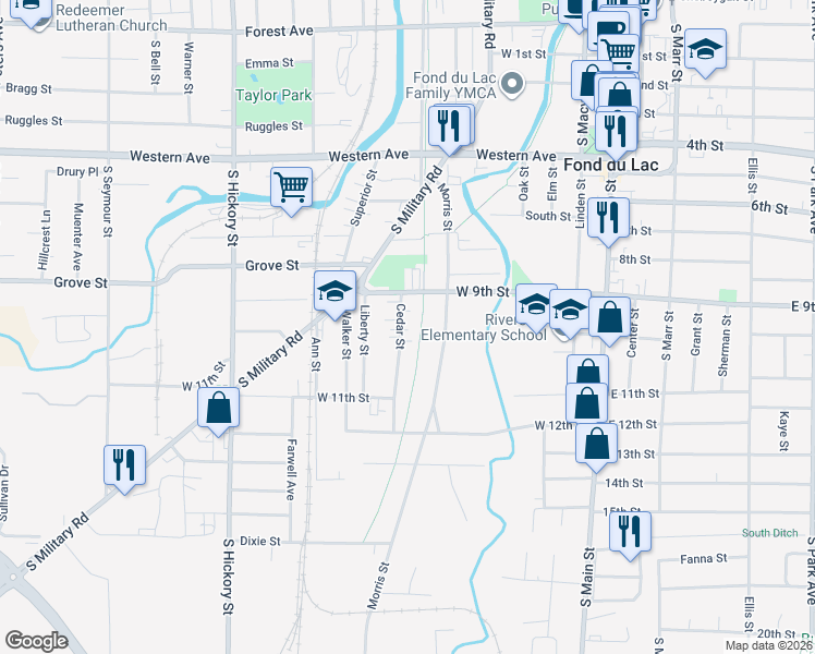 map of restaurants, bars, coffee shops, grocery stores, and more near 383 Cedar Street in Fond du Lac