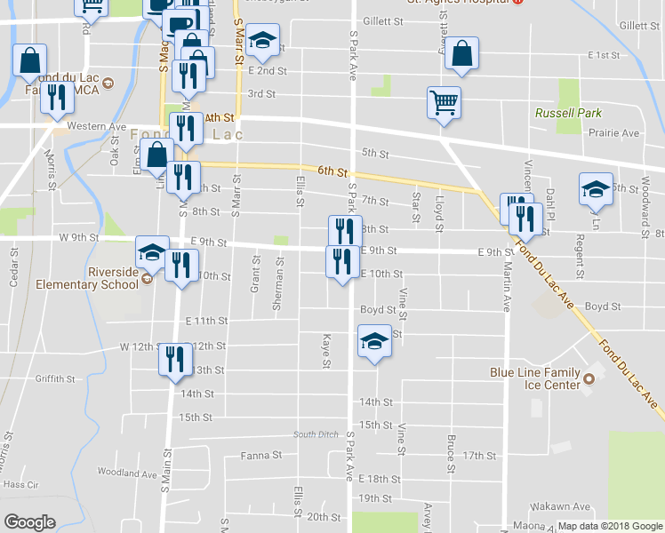 map of restaurants, bars, coffee shops, grocery stores, and more near 187 East 10th Street in Fond du Lac