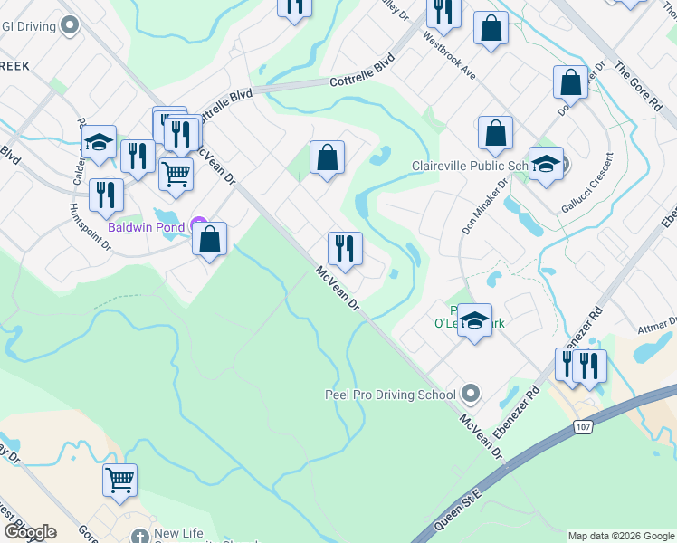 map of restaurants, bars, coffee shops, grocery stores, and more near 15 Quatro Crescent in Brampton