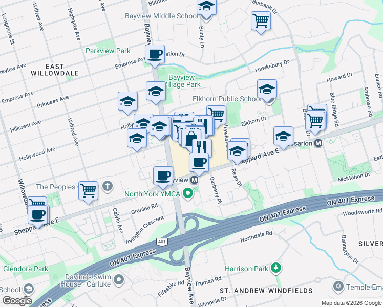 map of restaurants, bars, coffee shops, grocery stores, and more near 2901 Bayview Avenue in Toronto