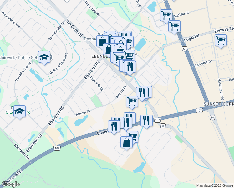 map of restaurants, bars, coffee shops, grocery stores, and more near 65 Attmar Drive in Brampton